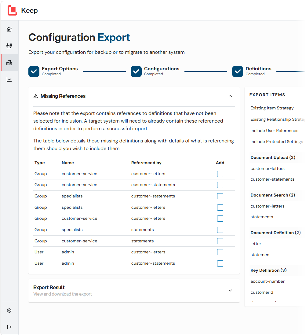 The Missing References area on the Export Result page.